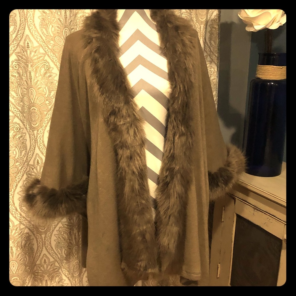 Chocolate-colored fur-trimmed cape by Kimberly C